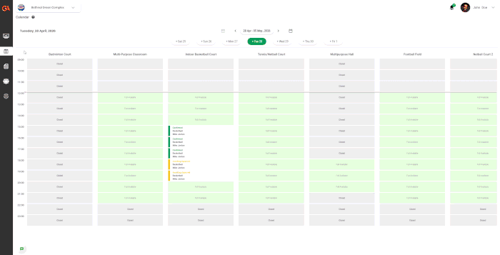 Operate platform calendar view with facilities, live bookings, and time slots