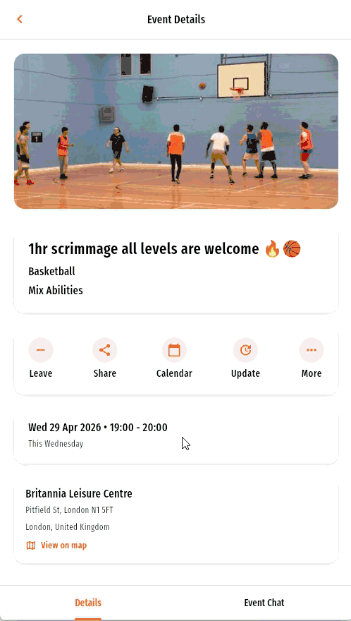 GameOn Active app event details screen showing game information, schedule, and player actions