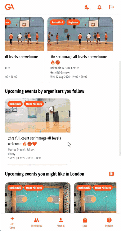 GameOn Active app showing game details, player spots, and updates